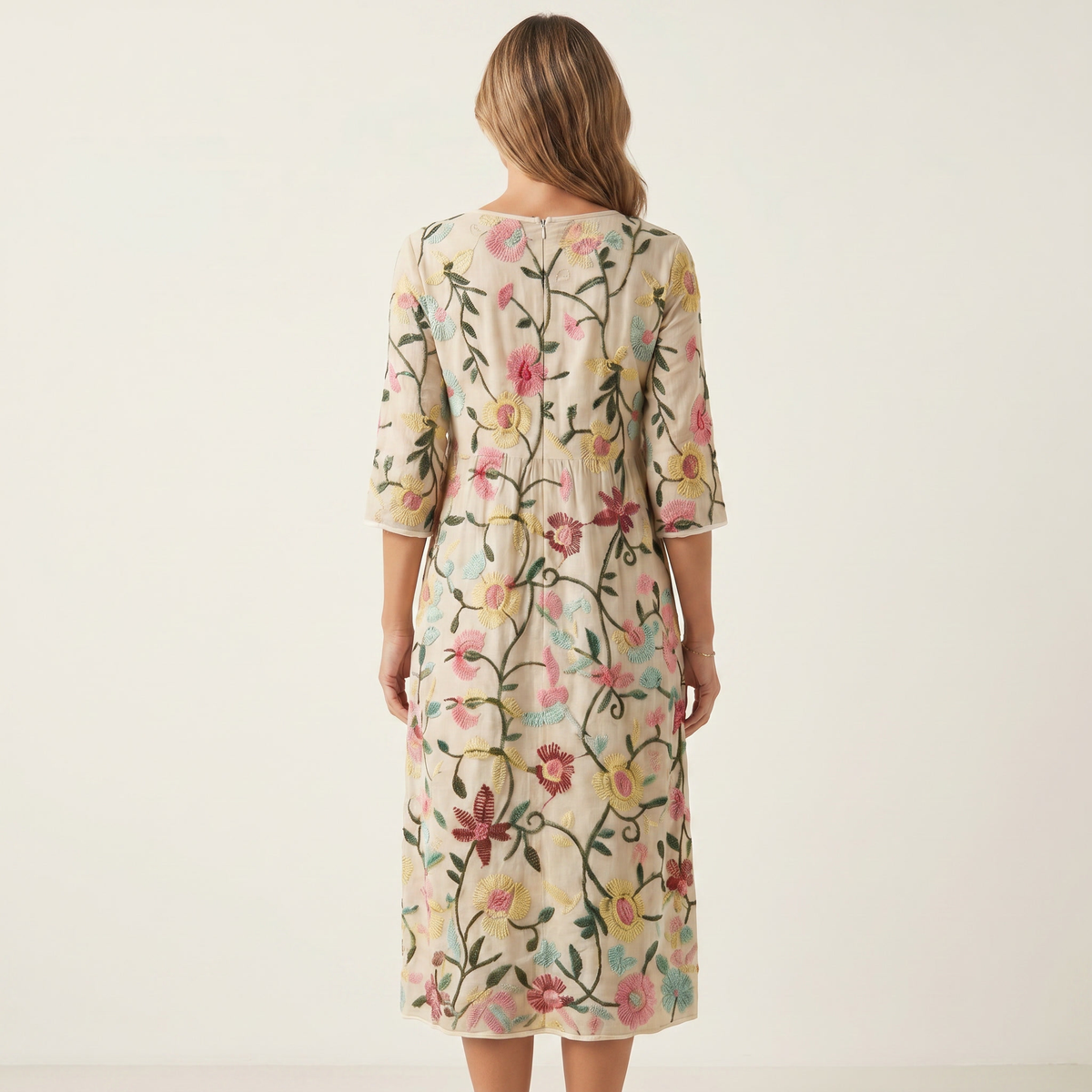 Erica | Raised Floral Embroidery Cotton Midi Dress