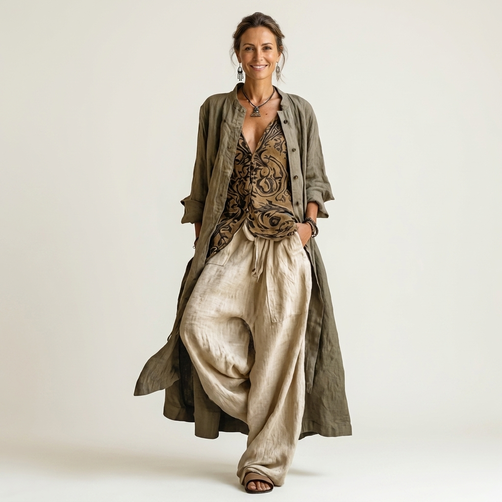 Gracia | Cotton-Linen Three-Piece Set With Duster