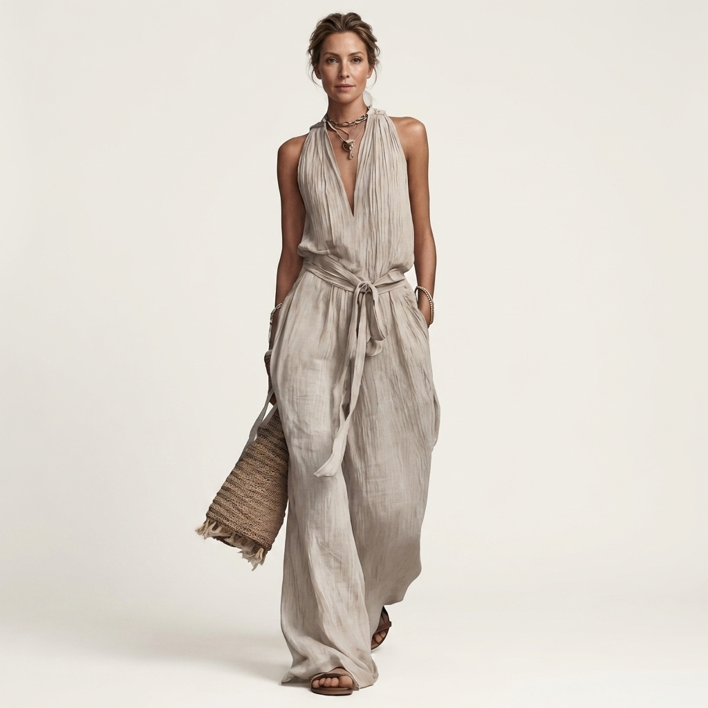 Cayetana | Sleeveless V-Neck Wide-Leg Jumpsuit with Waist Tie