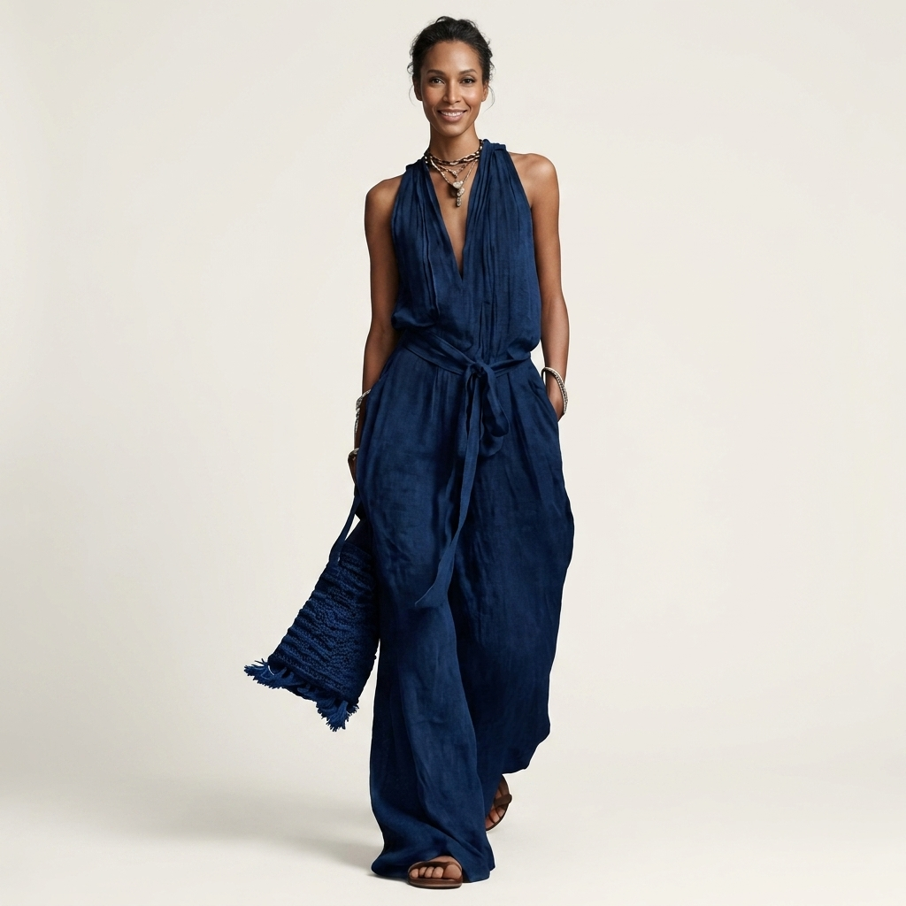 Cayetana | Sleeveless V-Neck Wide-Leg Jumpsuit with Waist Tie
