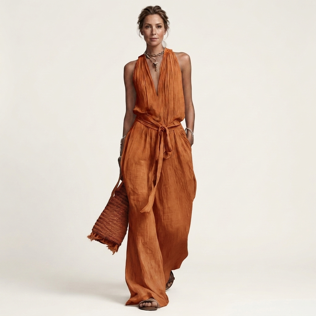 Cayetana | Sleeveless V-Neck Wide-Leg Jumpsuit with Waist Tie