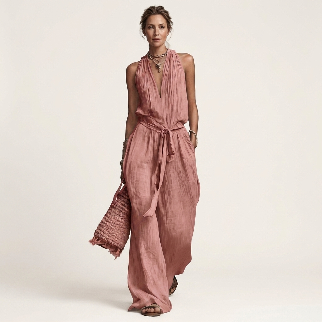 Cayetana | Sleeveless V-Neck Wide-Leg Jumpsuit with Waist Tie