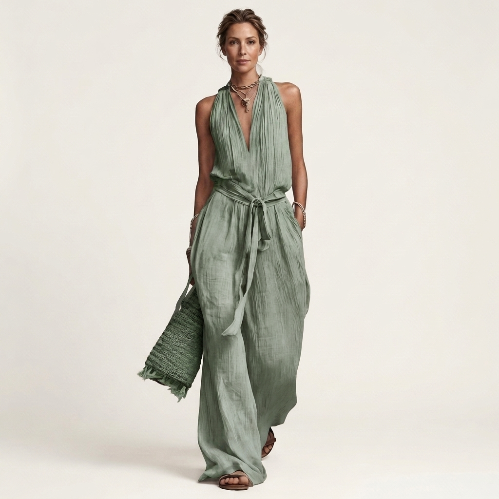 Cayetana | Sleeveless V-Neck Wide-Leg Jumpsuit with Waist Tie