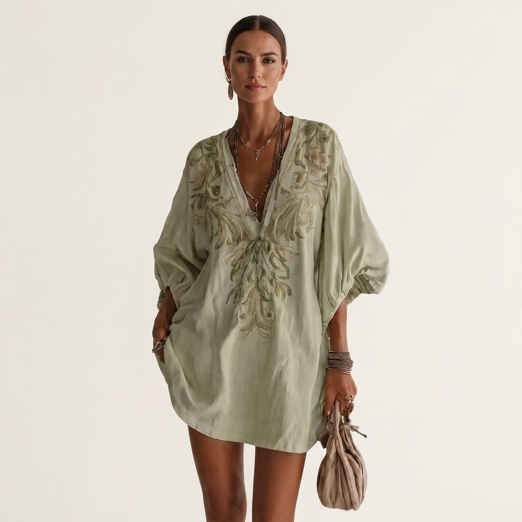 Ina | Embroidered V-Neck Balloon-Sleeve Mini Dress