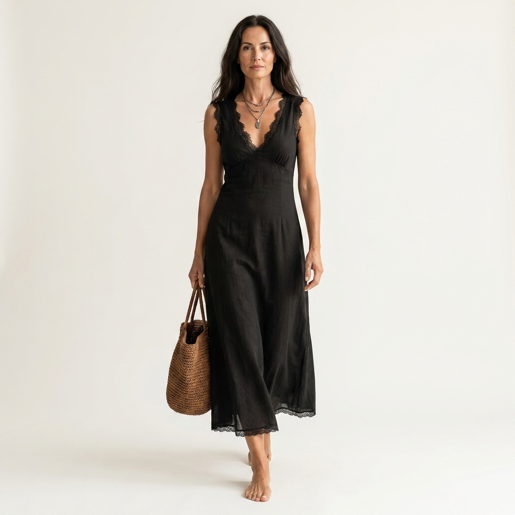 Maria | Lace-Trim V-Neck Sleeveless Midi Dress