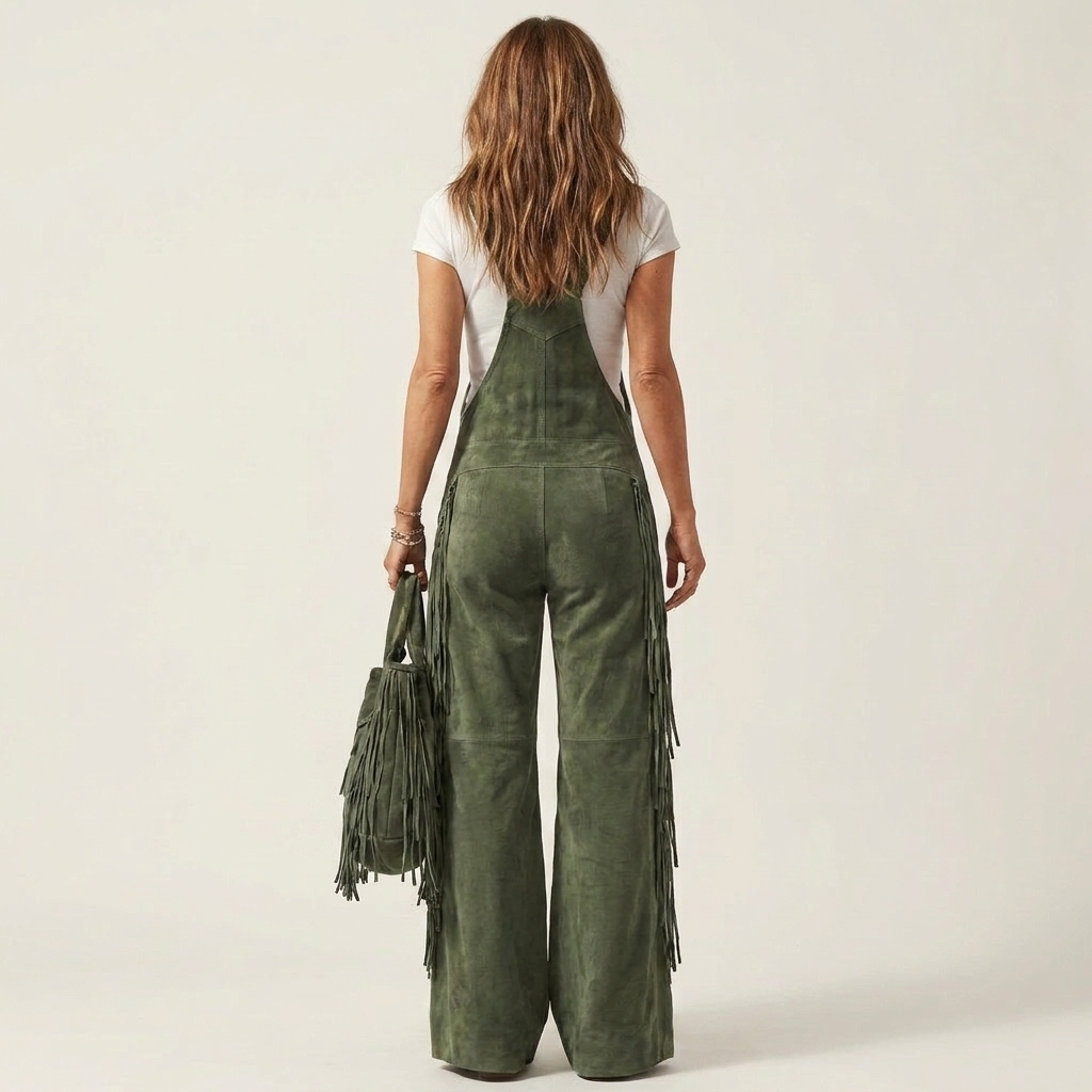 Tonya | Suede Button-Front Overalls with Fringe Hem