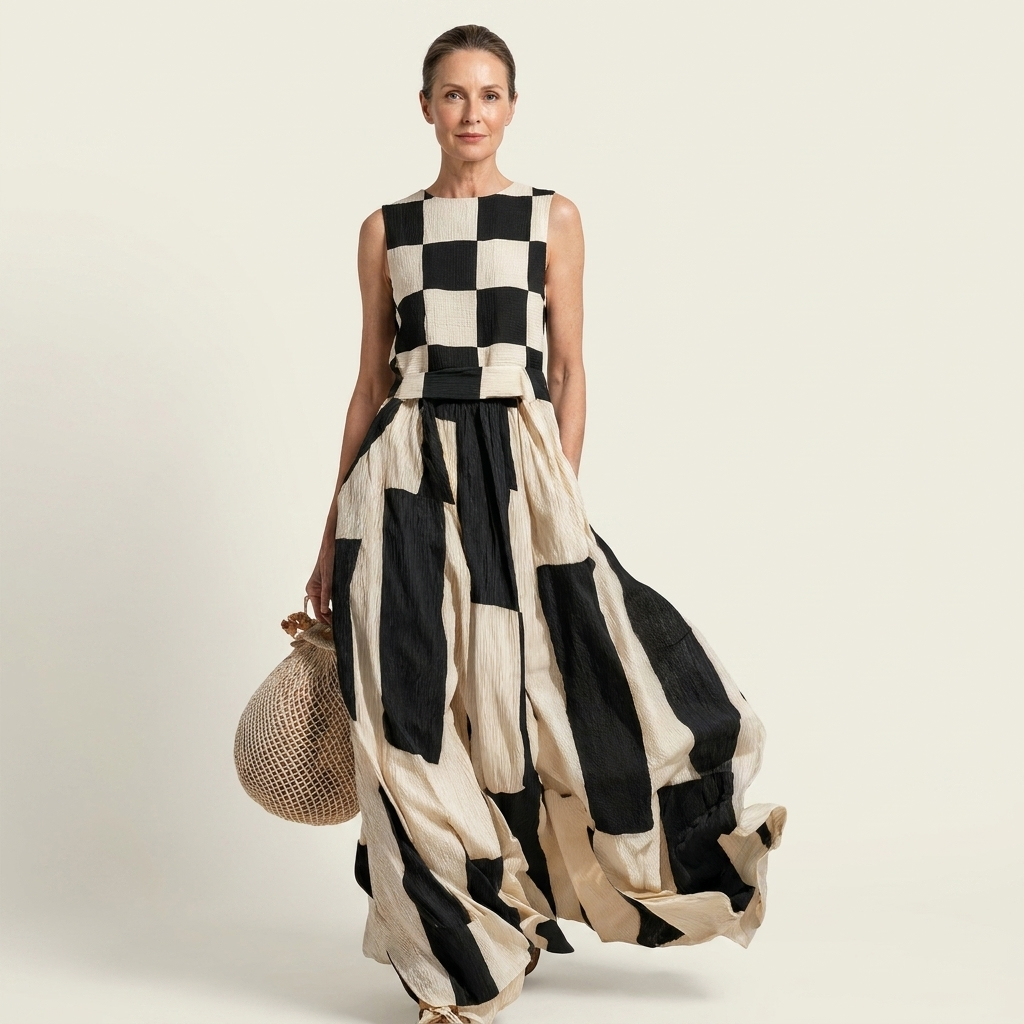 Maxine | Checkerboard Bodice Patchwork Maxi Dress