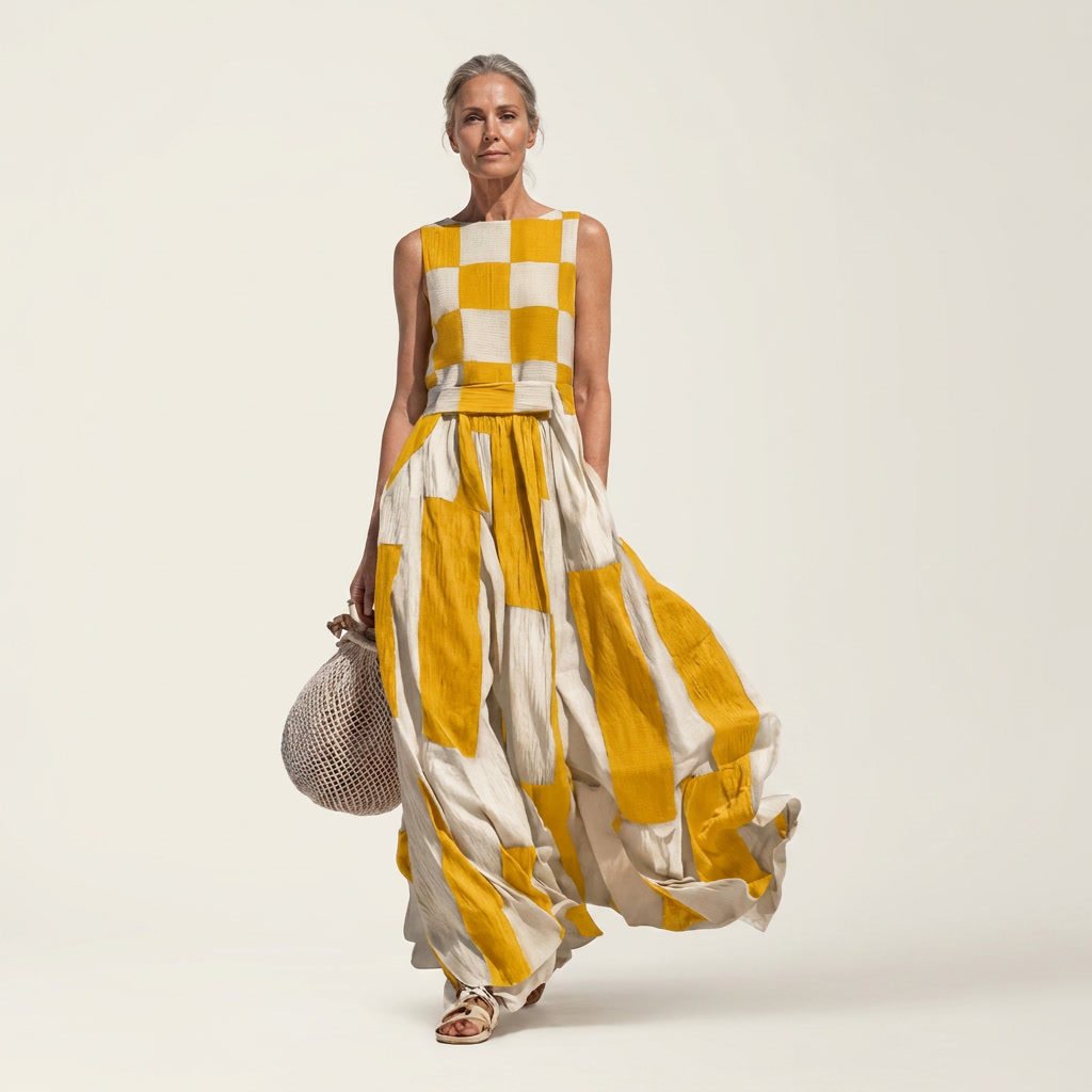 Maxine | Checkerboard Bodice Patchwork Maxi Dress