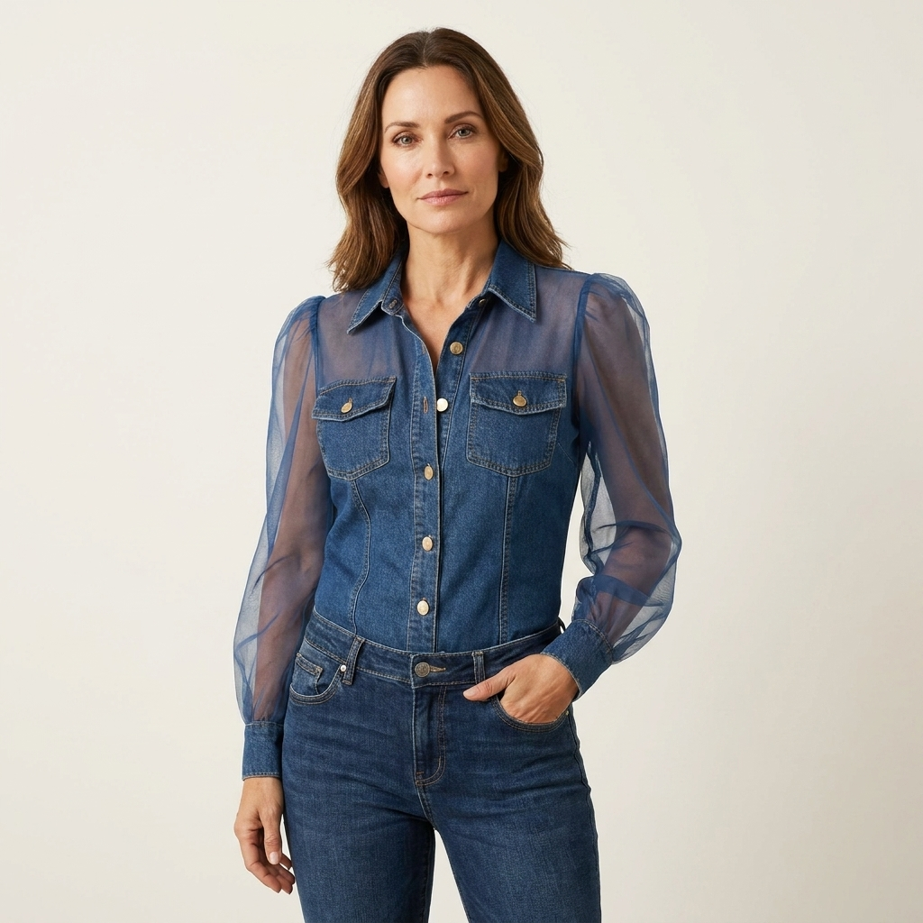 Elenarya | Denim Button-Down with Sheer Mesh Puff Sleeves