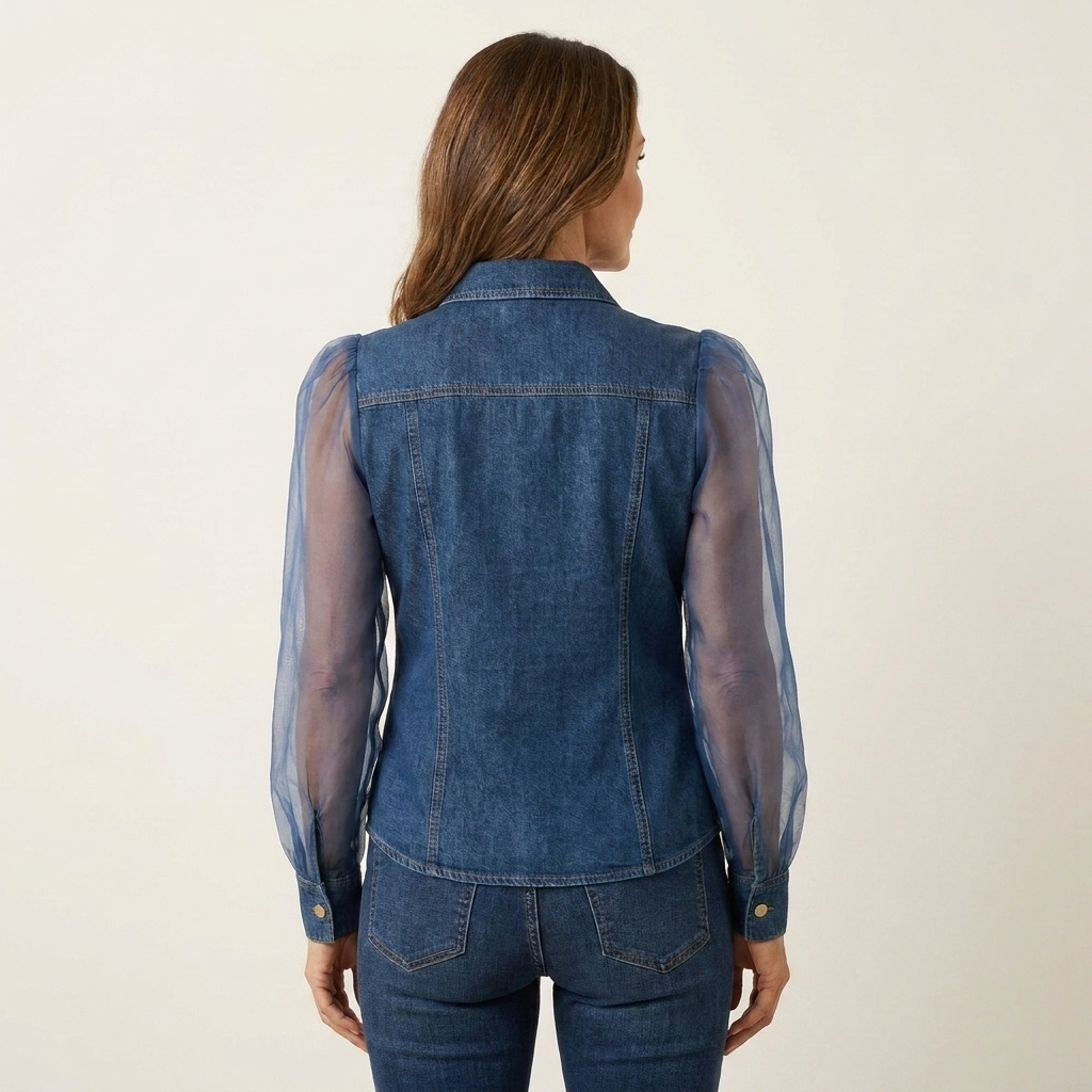 Elenarya | Denim Button-Down with Sheer Mesh Puff Sleeves