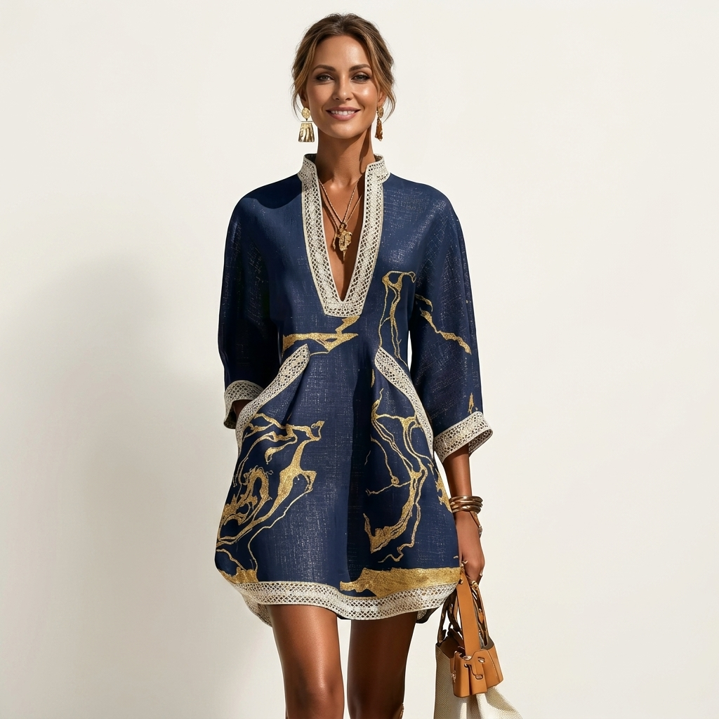 Cindy | Marble-Print Lace-Trim Mini Dress