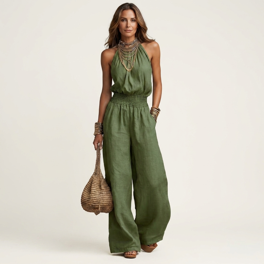 Nancy | Halter-Neck Smocked-Waist Wide-Leg Jumpsuit
