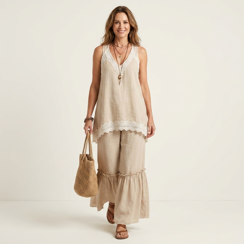 Nidiana | Lace-Trim Cami Top & Ruffled Flare Pant Two-Piece Set