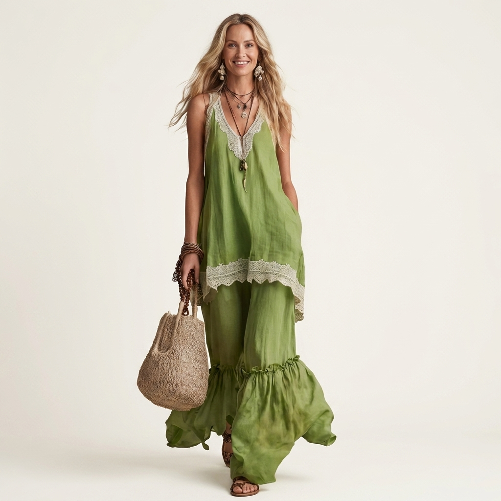Nidiana | Lace-Trim Cami Top & Ruffled Flare Pant Two-Piece Set