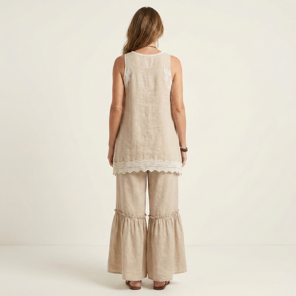 Nidiana | Lace-Trim Cami Top & Ruffled Flare Pant Two-Piece Set