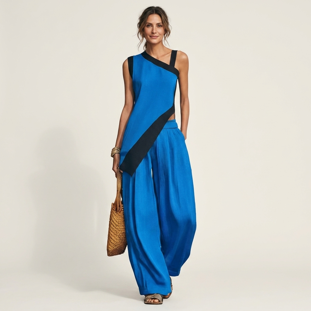 Liandria | Asymmetric Color-Block Top & Wide-Leg Pant Set