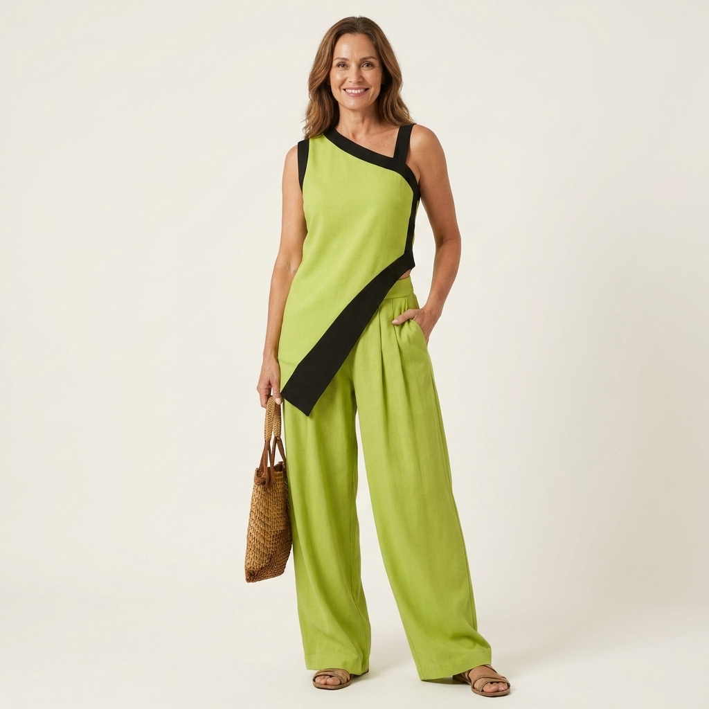 Liandria | Asymmetric Color-Block Top & Wide-Leg Pant Set