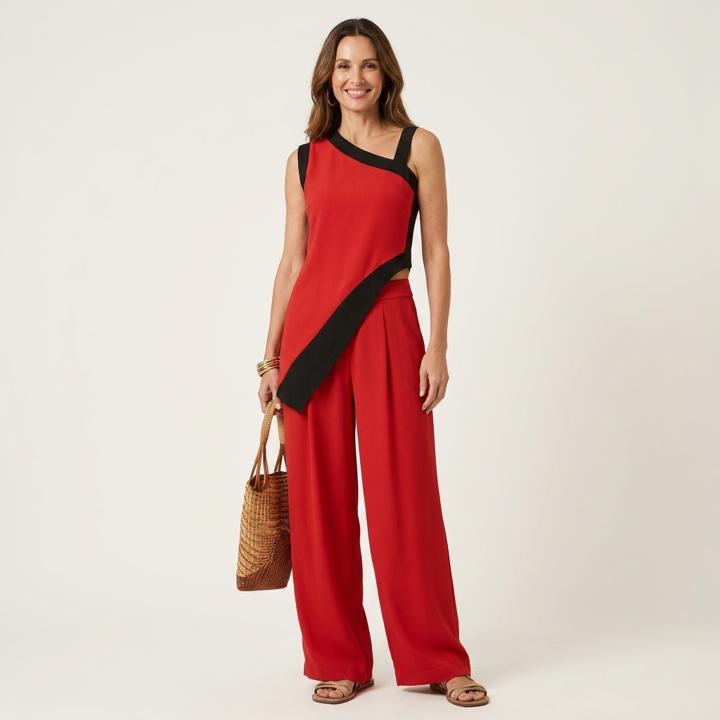 Liandria | Asymmetric Color-Block Top & Wide-Leg Pant Set