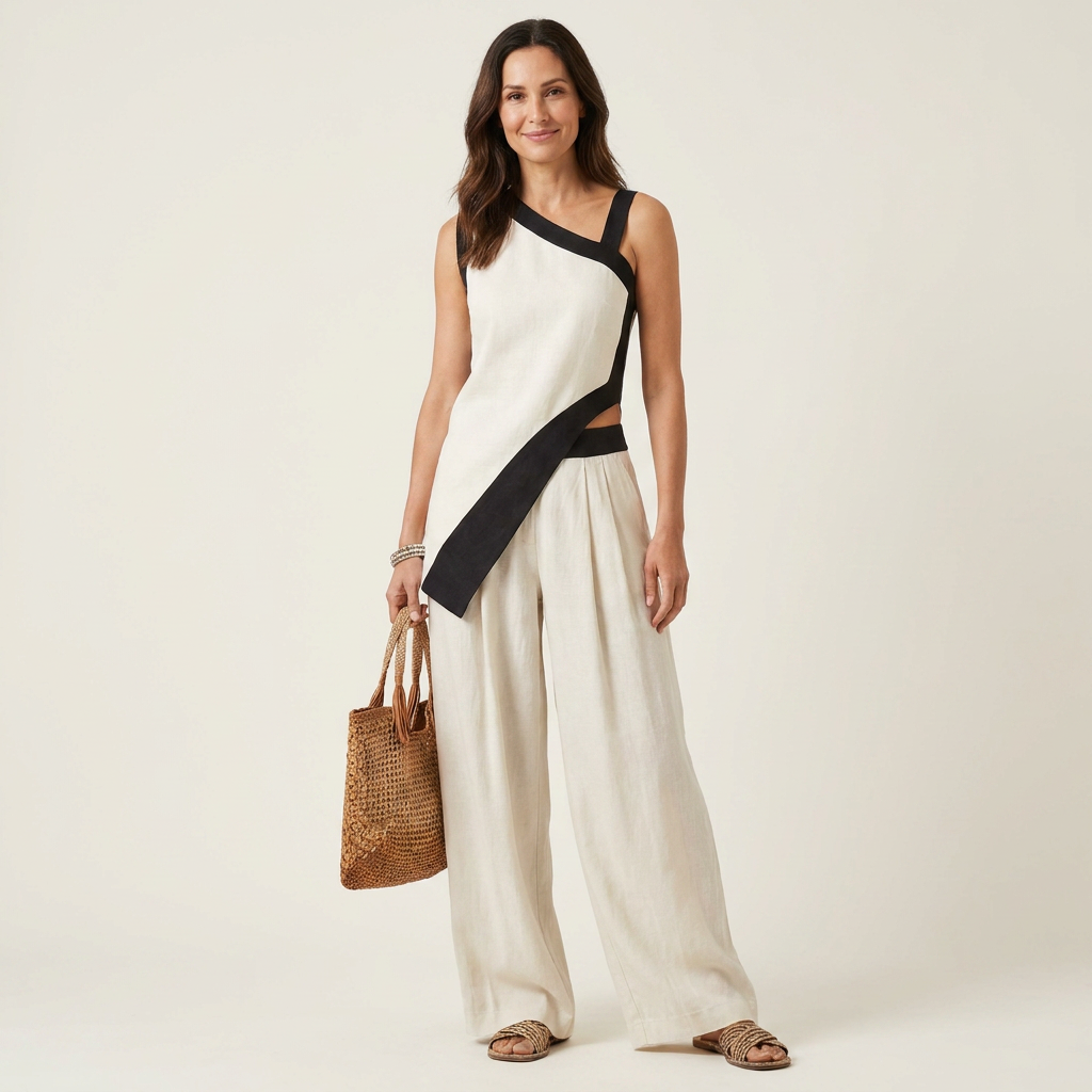 Liandria | Asymmetric Color-Block Top & Wide-Leg Pant Set