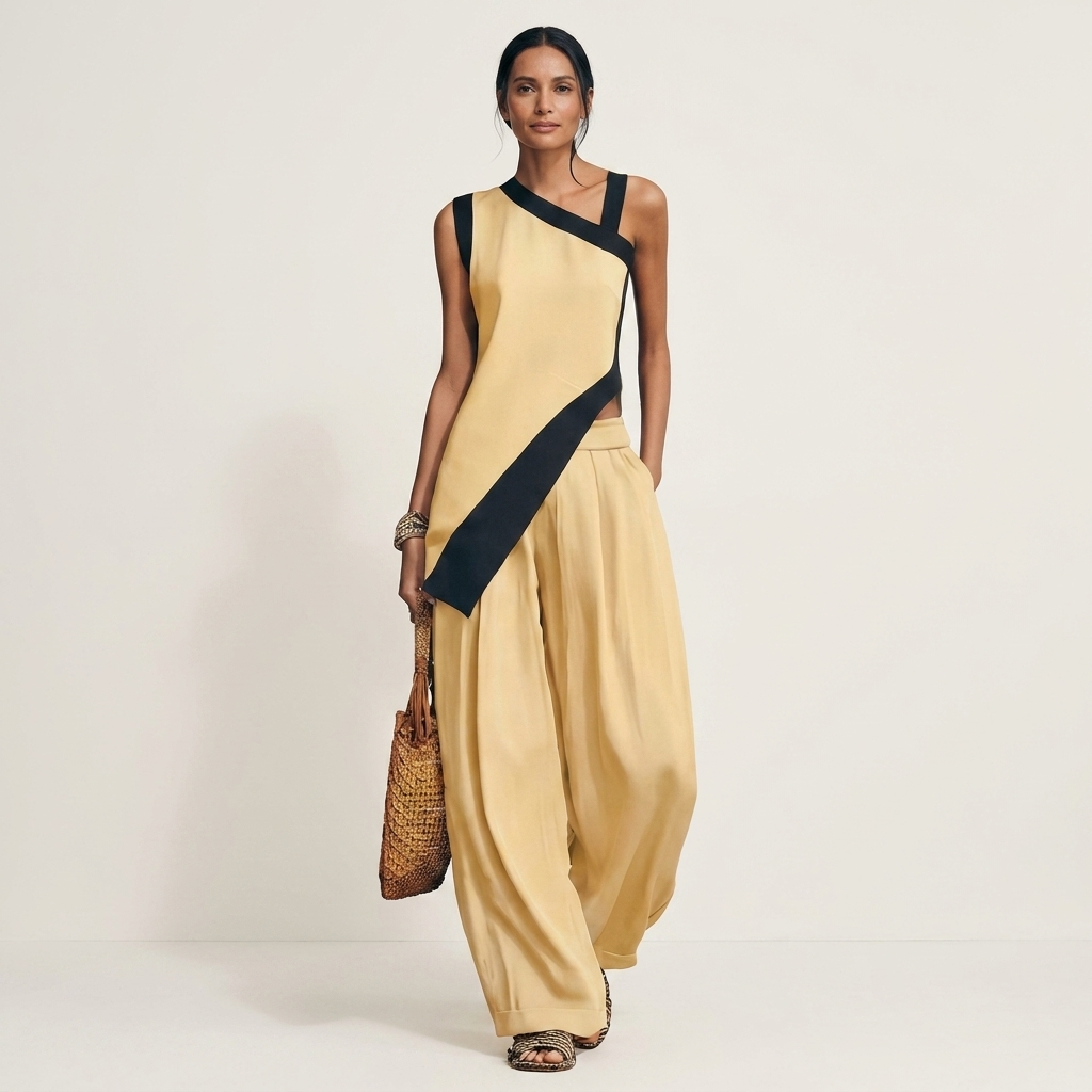 Liandria | Asymmetric Color-Block Top & Wide-Leg Pant Set