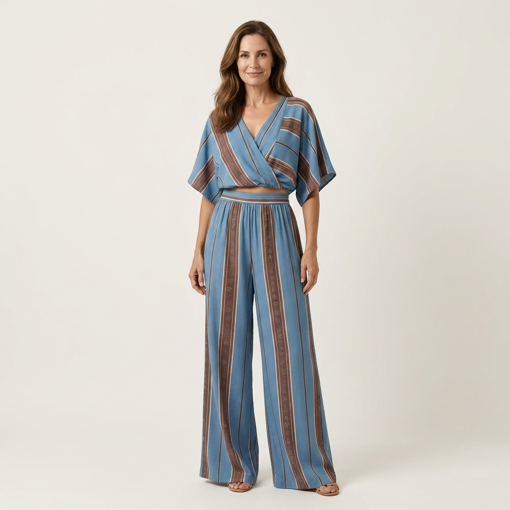 Fibi | Striped Cross-Front Crop Top & Wide-Leg Pant Set