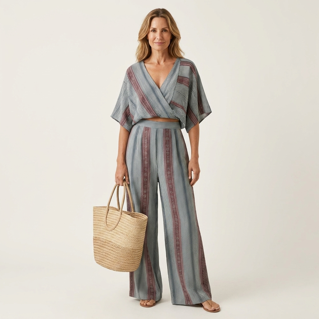 Fibi | Striped Cross-Front Crop Top & Wide-Leg Pant Set