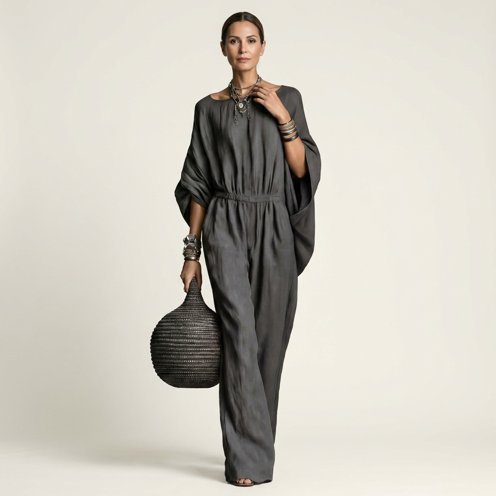 Fiorenzia | High-Waisted Batwing Wide-Leg Jumpsuit With Tie Belt