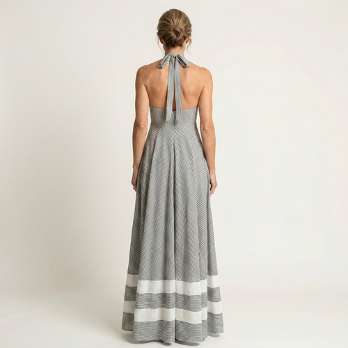 Catarina | Halter V-Neck Striped Maxi Dress With Border Hem