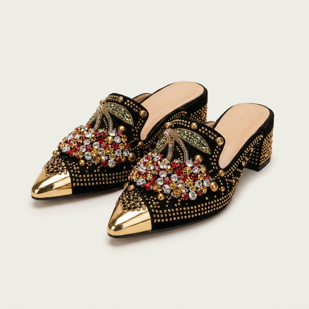 Avelora | Crystal Cherry Mule With Gold Rhinestone Upper