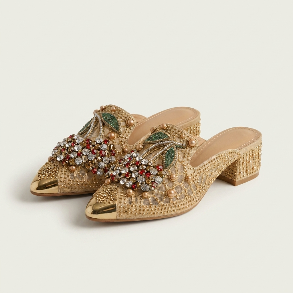 Avelora | Crystal Cherry Mule With Gold Rhinestone Upper