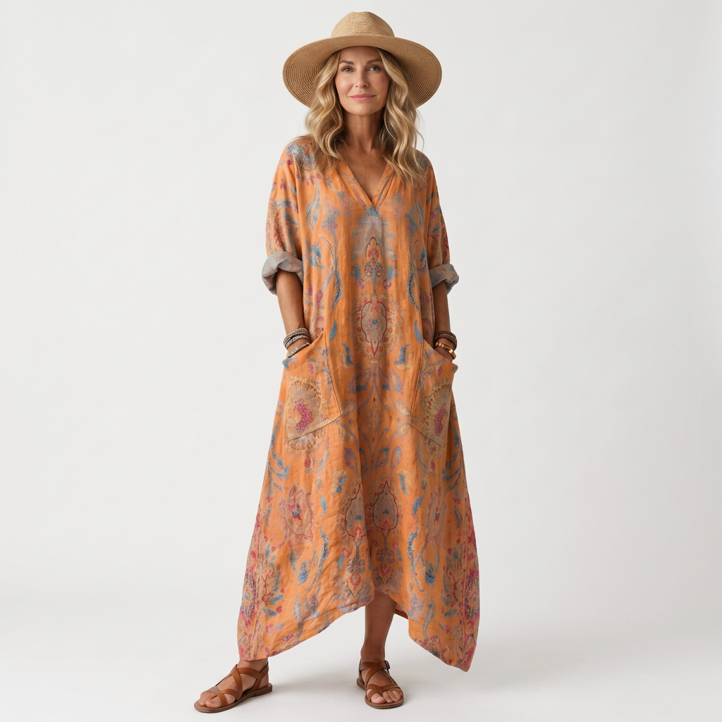 Remi | Notch Neck Printed Oversized Pocket Midi Dress
