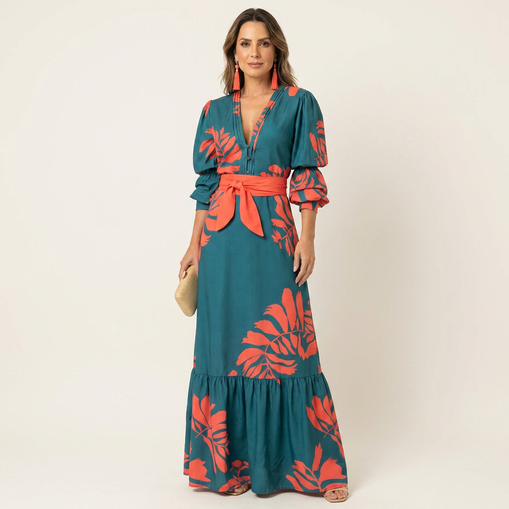 Yaële | Puff-Sleeve Tropical Print Belted Maxi Dress