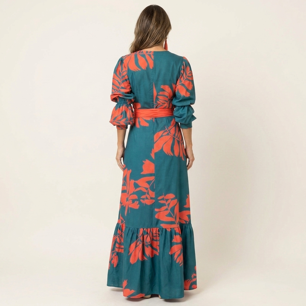 Yaële | Puff-Sleeve Tropical Print Belted Maxi Dress