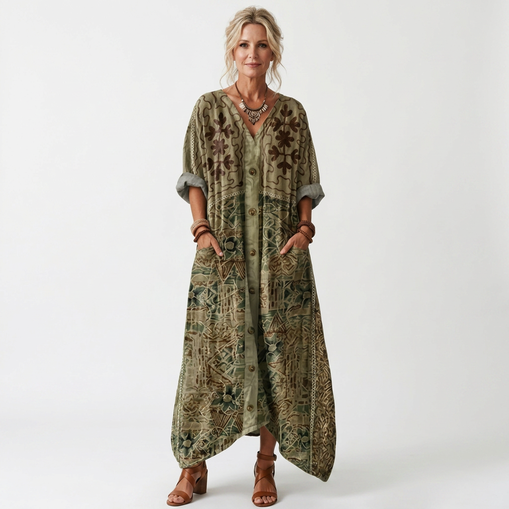 Avienna | Button-Front Patchwork Print Midi Dress