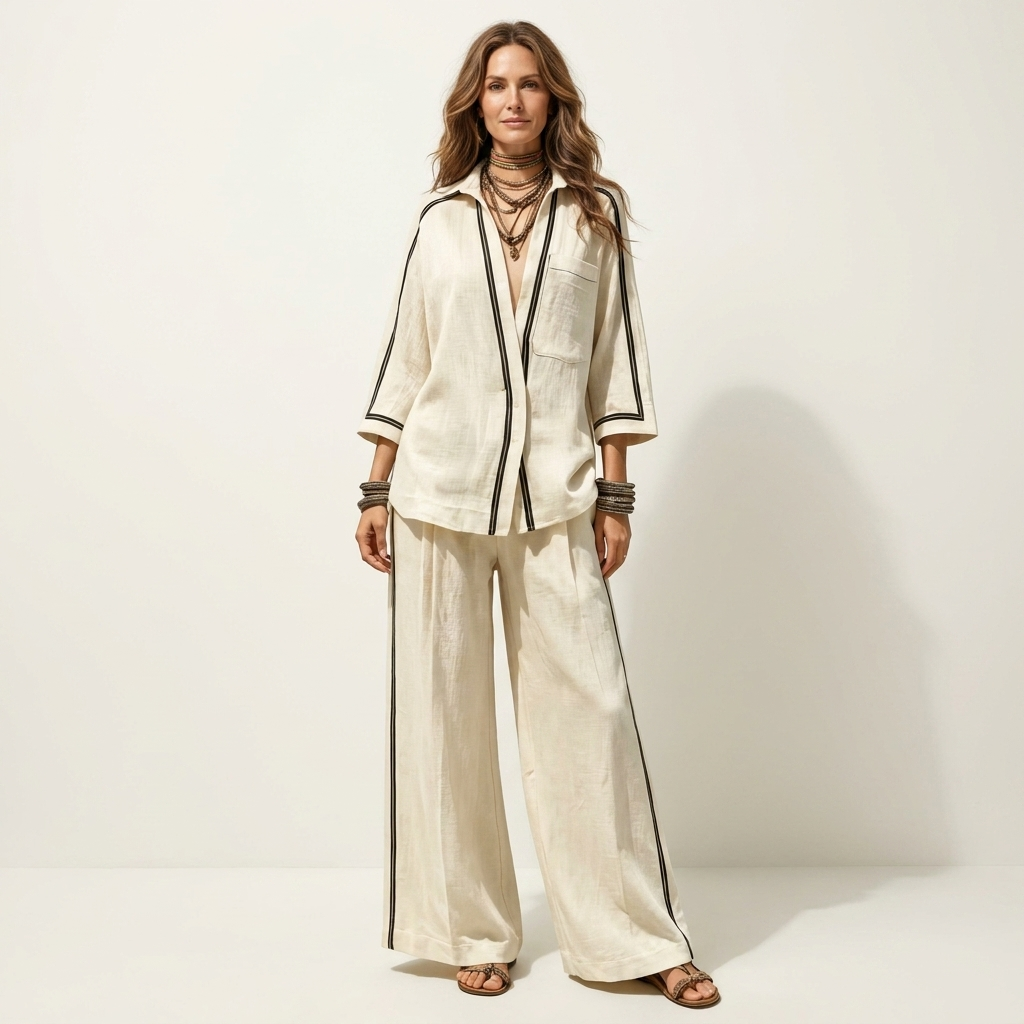 Karen | Contrast-Trim Lapel Shirt & Wide-Leg Pant Set