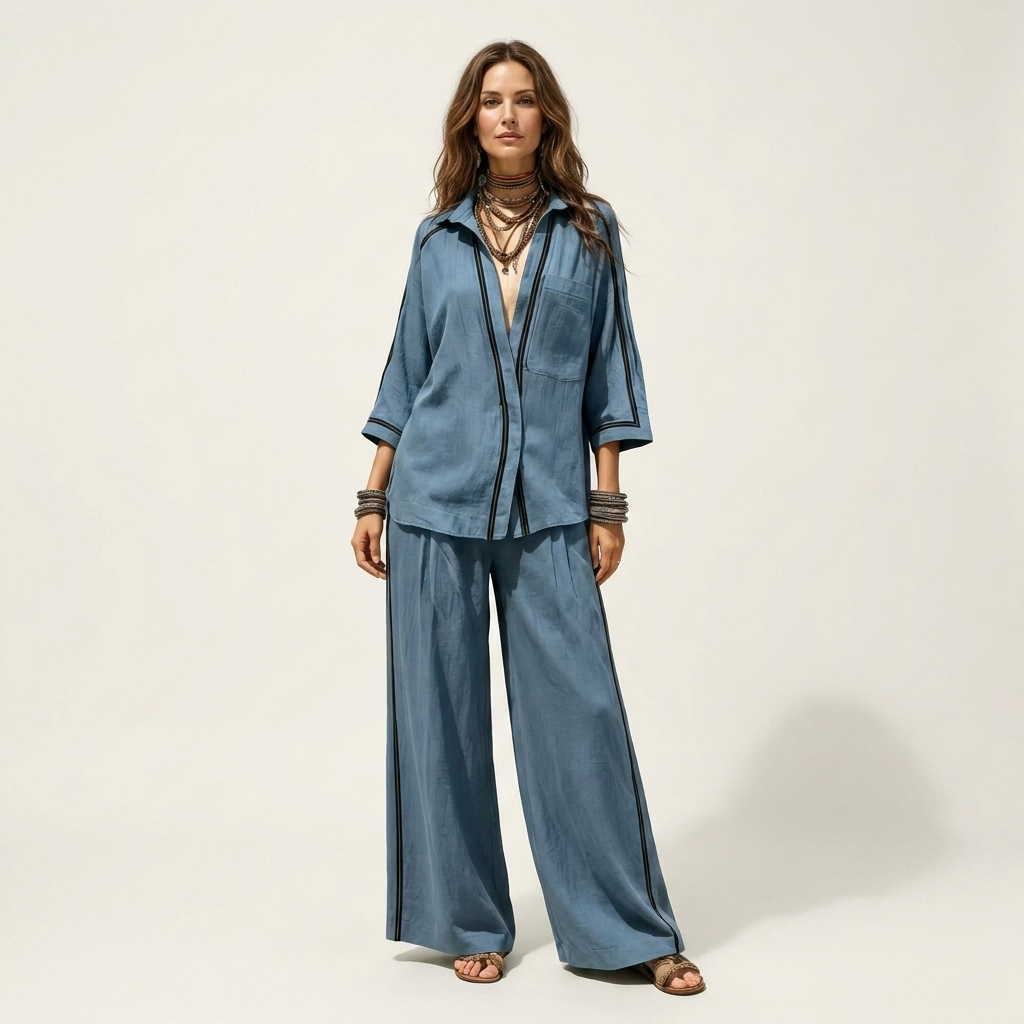 Karen | Contrast-Trim Lapel Shirt & Wide-Leg Pant Set