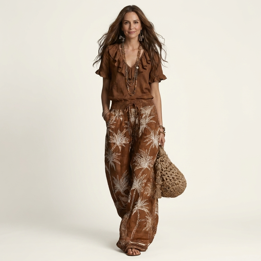 Caliana | Ruffled V-Neck Top & Palm Print Wide-Leg Pant Set