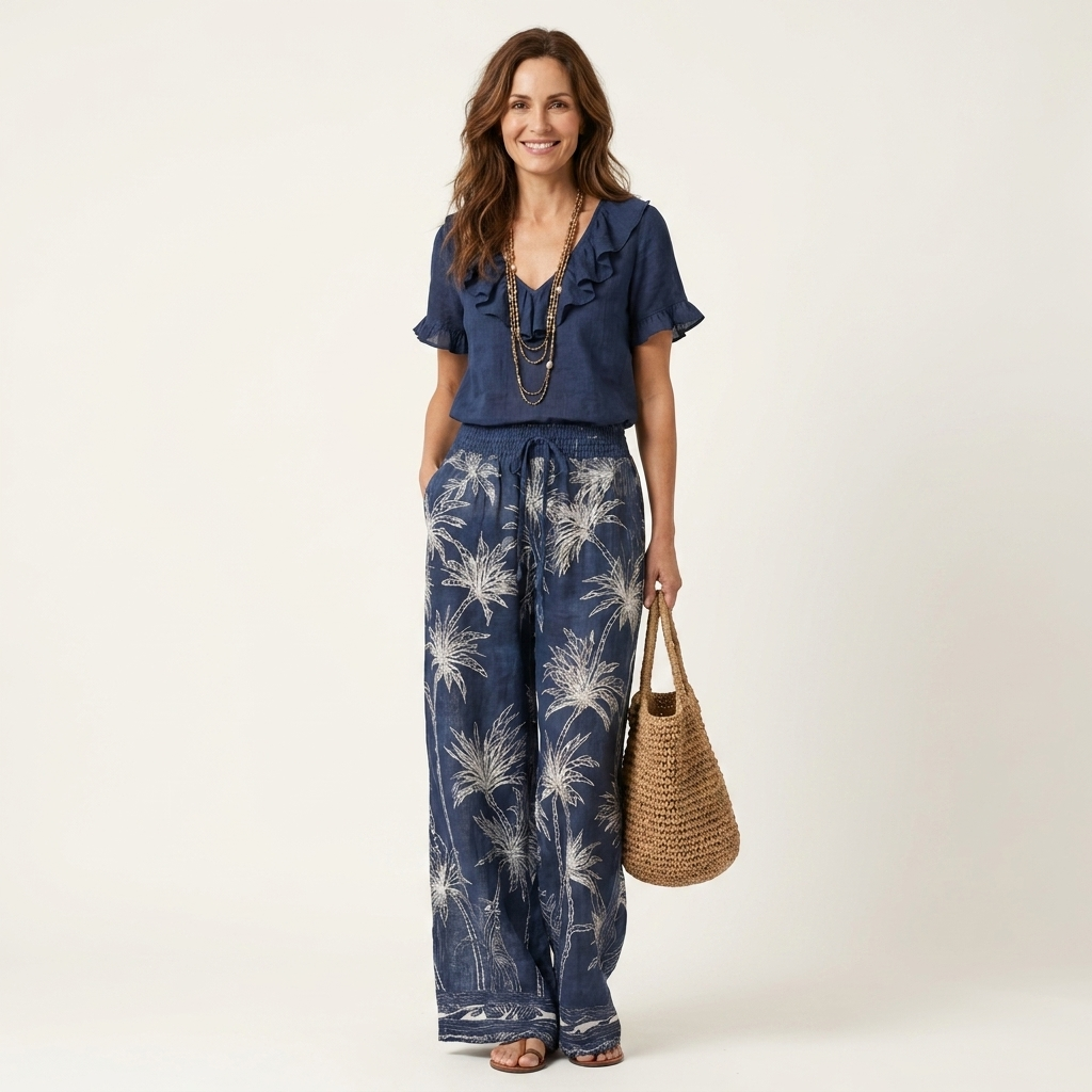 Caliana | Ruffled V-Neck Top & Palm Print Wide-Leg Pant Set
