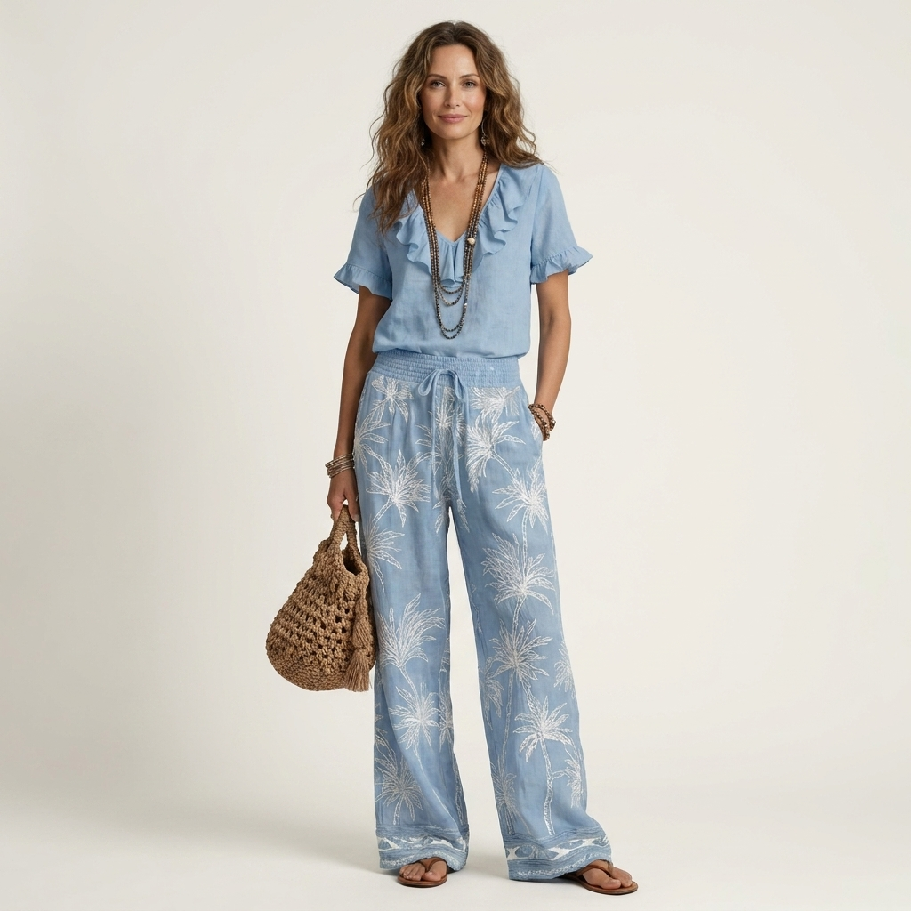 Caliana | Ruffled V-Neck Top & Palm Print Wide-Leg Pant Set