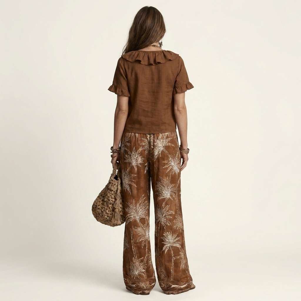 Caliana | Ruffled V-Neck Top & Palm Print Wide-Leg Pant Set