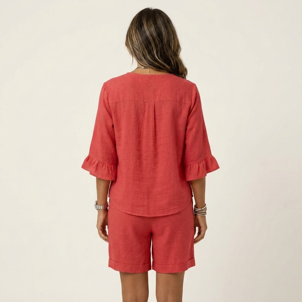 Xeniya | Wooden-Button V-Neck Ruffle-Sleeve Top & Shorts Set