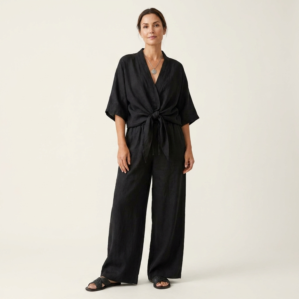 Skaya | Open-Front Tie-Waist Kimono Jacket & Wide-Leg Pants Set