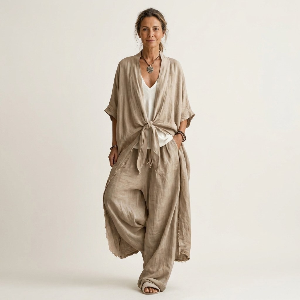 Skaya | Open-Front Tie-Waist Kimono Jacket & Wide-Leg Pants Set