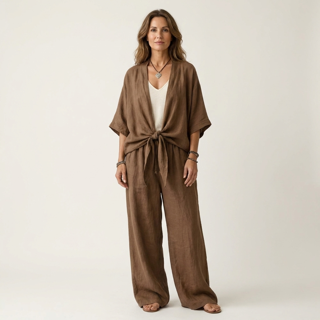 Skaya | Open-Front Tie-Waist Kimono Jacket & Wide-Leg Pants Set