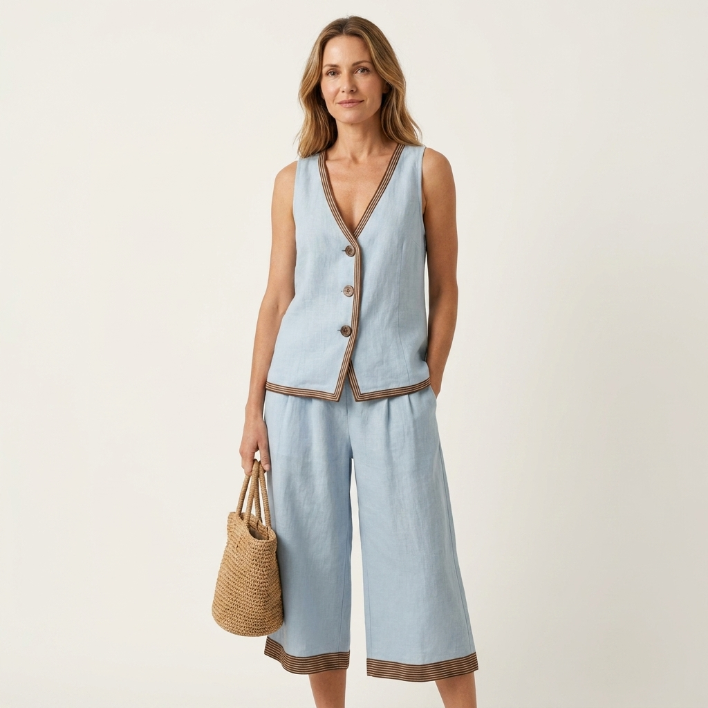 Lunarielle | Contrast-Trim Button-Front Vest & Cropped Wide-Leg Pants Set