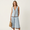 Lunarielle | Contrast-Trim Button-Front Vest & Cropped Wide-Leg Pants Set