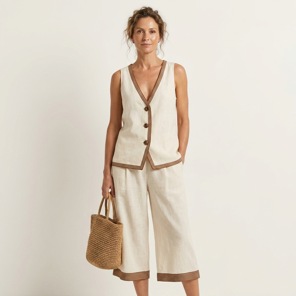 Lunarielle | Contrast-Trim Button-Front Vest & Cropped Wide-Leg Pants Set