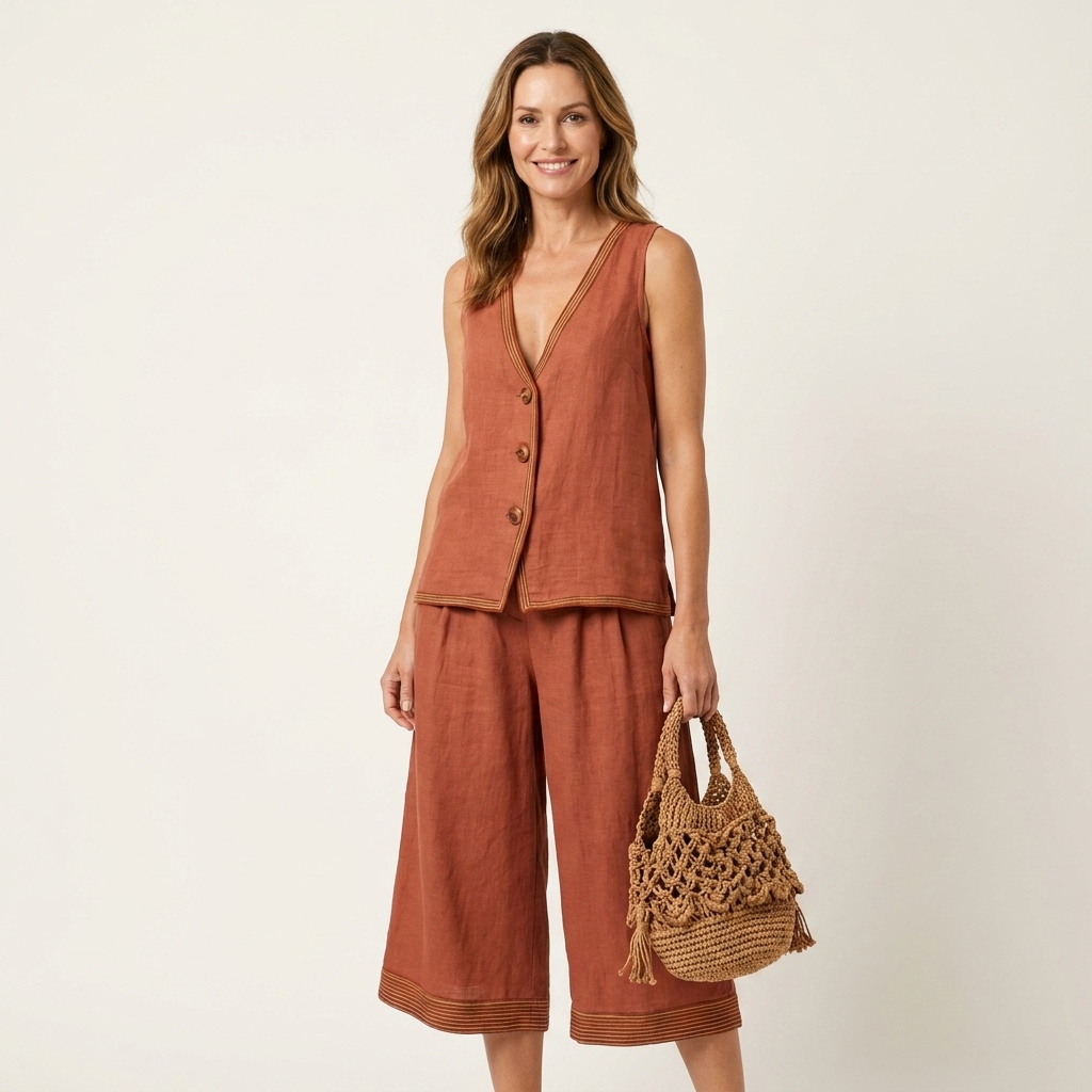Lunarielle | Contrast-Trim Button-Front Vest & Cropped Wide-Leg Pants Set