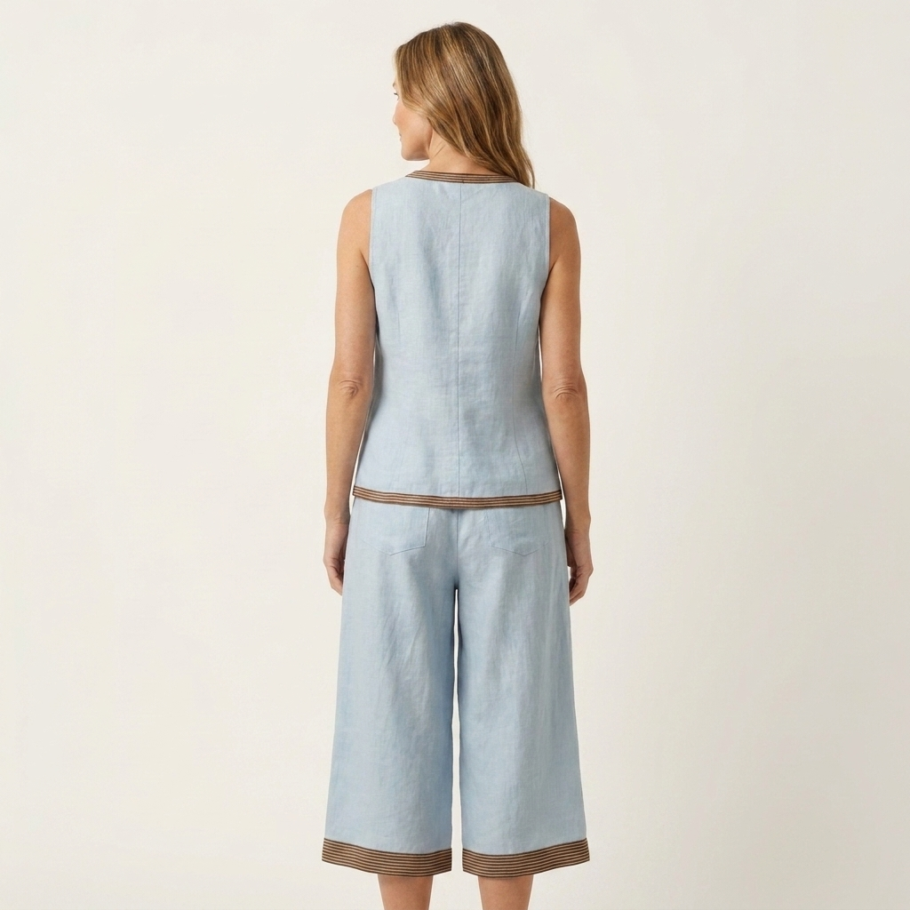 Lunarielle | Contrast-Trim Button-Front Vest & Cropped Wide-Leg Pants Set