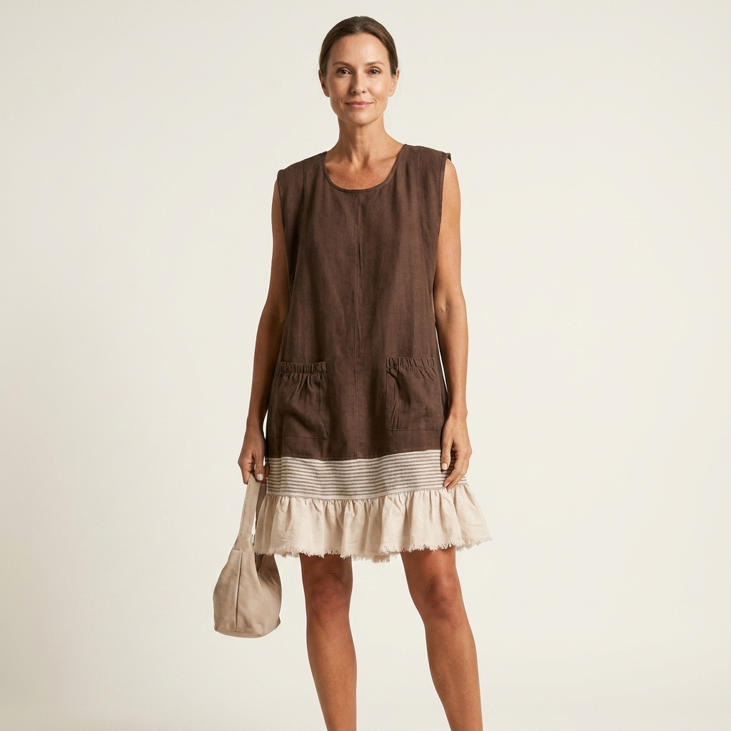 Amaya | Round-Neck Sleeveless Striped Ruffle-Hem Swing Dress